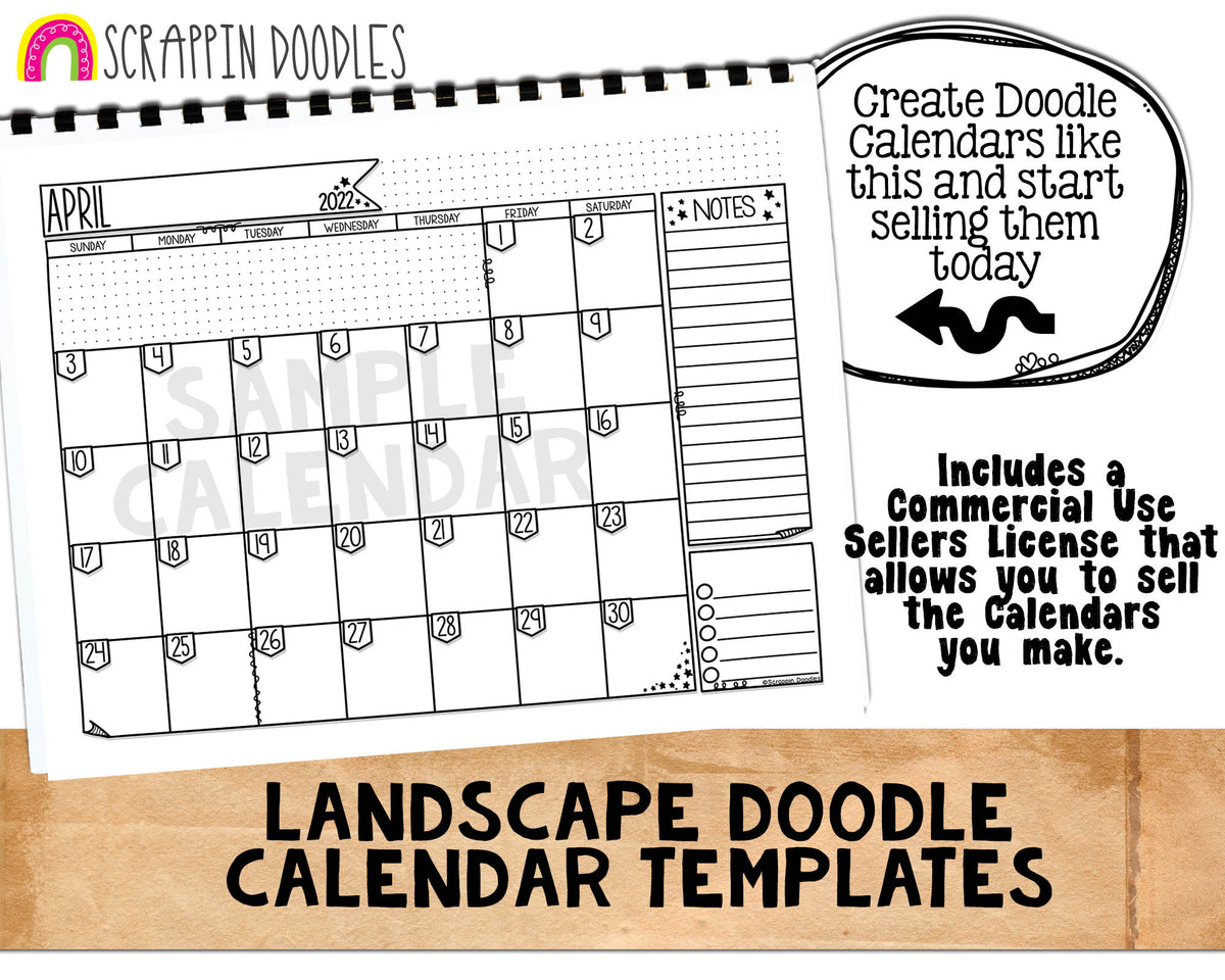 Doodle Calendar Templates - Landscape - Create your own BUJO Doodle style Calendars - Commercial Use