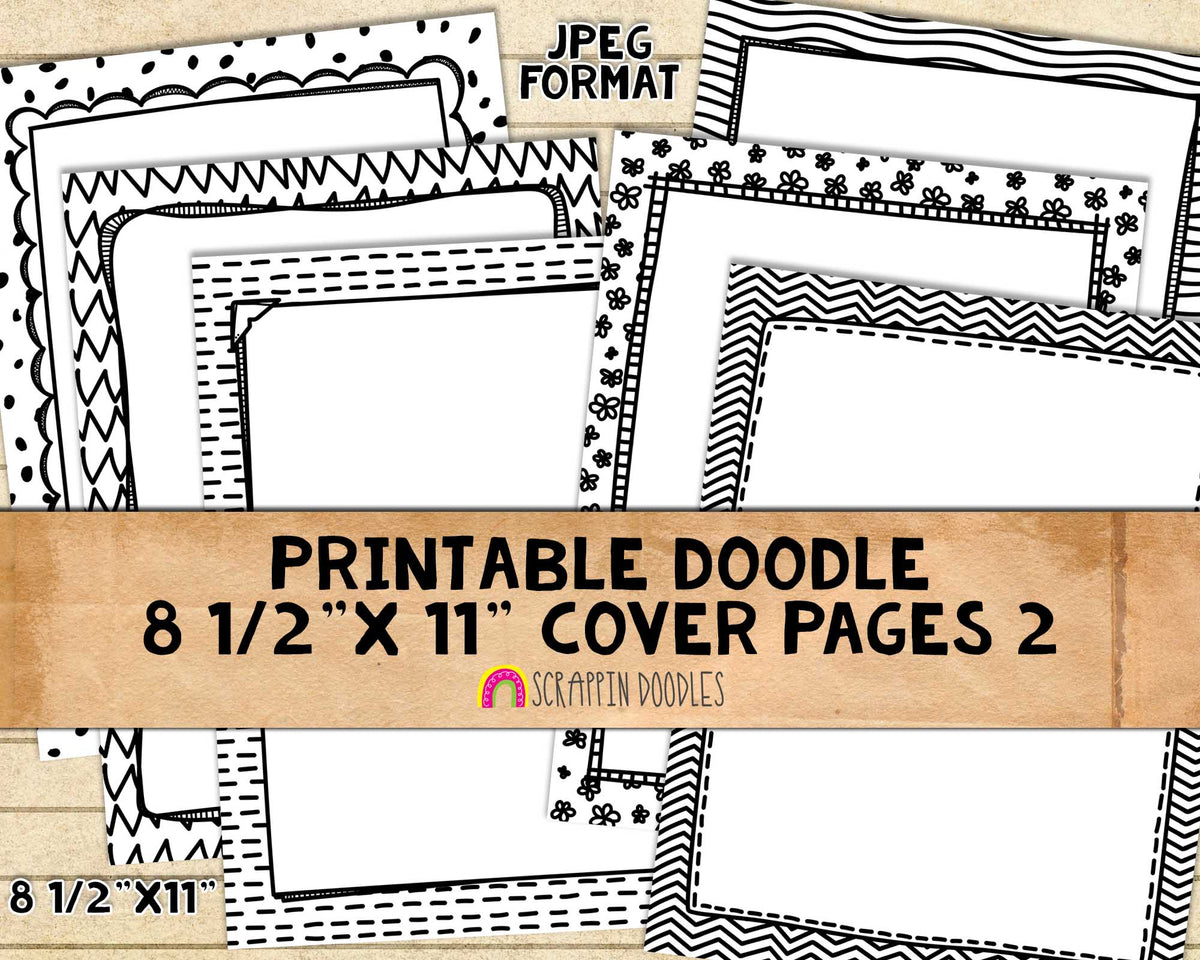 Doodle Cover Pages - Hand Doodled 8 1/2" x 11" Ready to Print Black & White Binder Covers - Printable