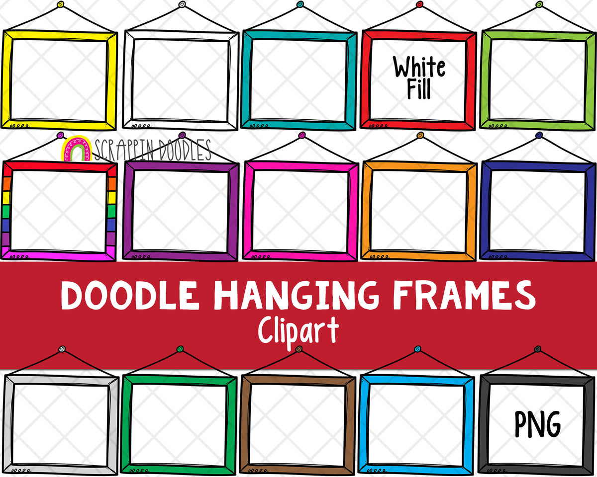 Doodle Hanging Frames ClipArt - Hand Drawn Hanging Frames - Rainbow Frames - Hand Drawn PNG Frames - Bullet Journal Borders