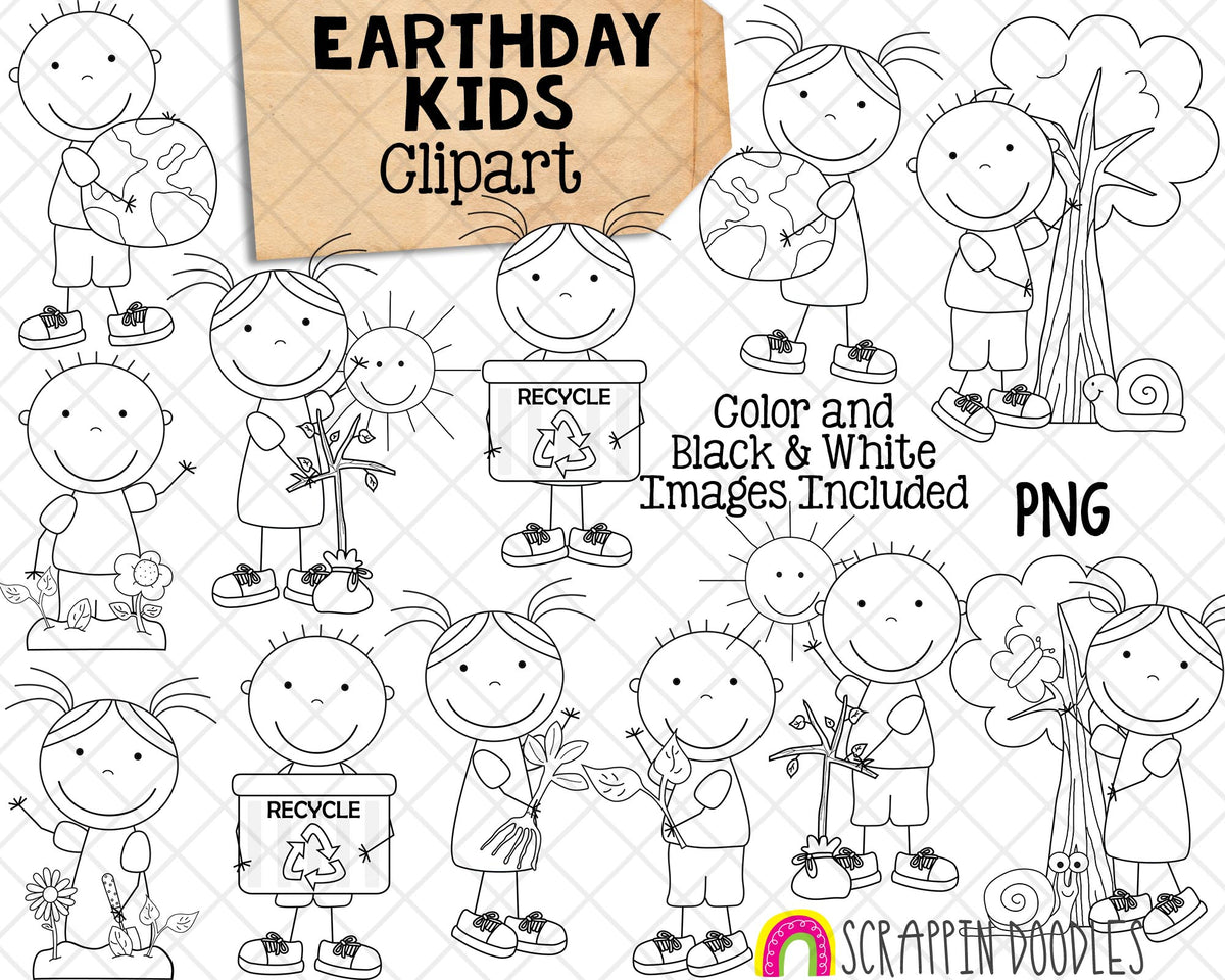 Earth Day Kids Clipart - Stick Kids Save the Earth - Environmental Kids - Reduce Reuse Recycle Graphics - Eco Friendly PNG