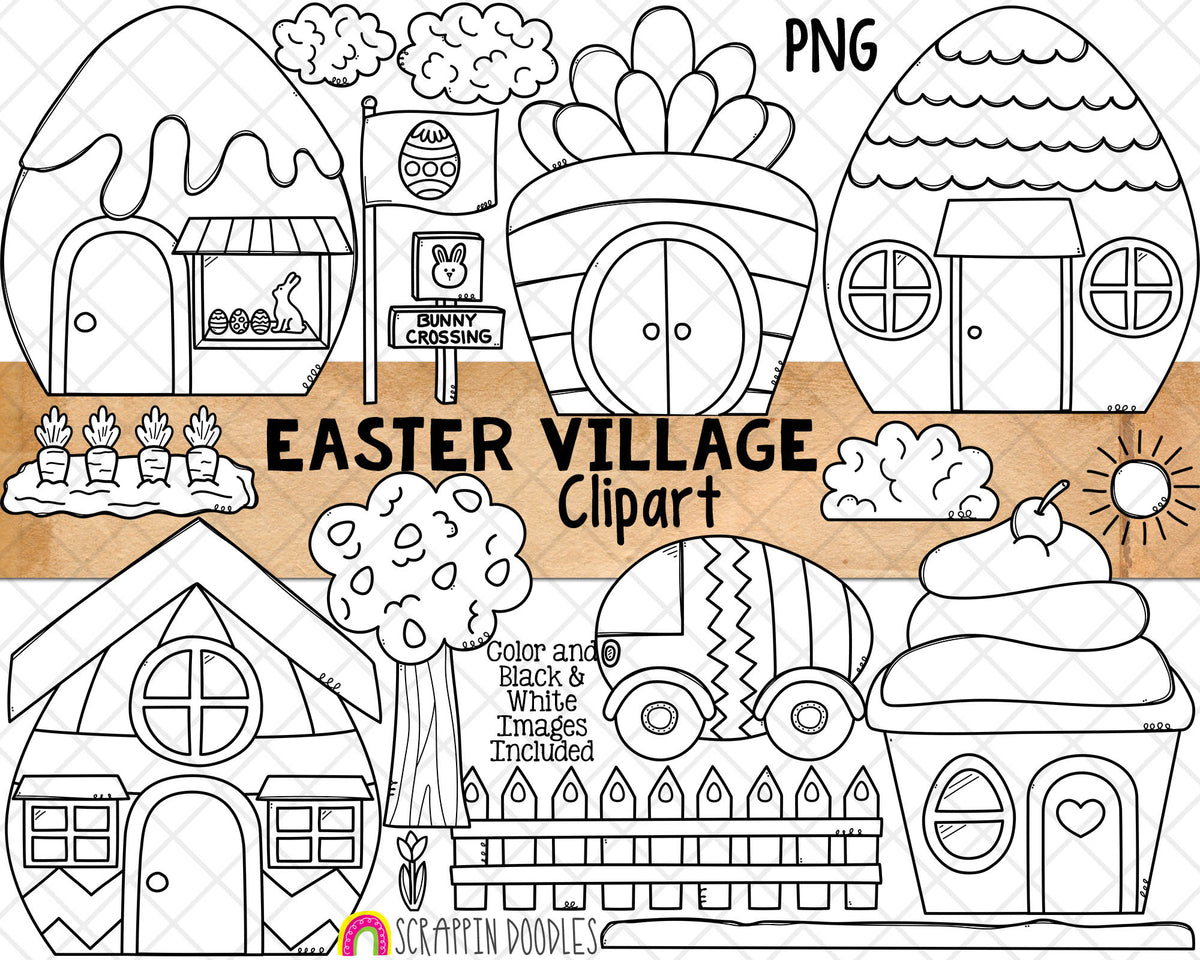 Easter Village Clip Art - Decorated Egg Houses - Easter Bunny Carrot House - Egg Car - Bunny Crossing - Commercial Use - PNG