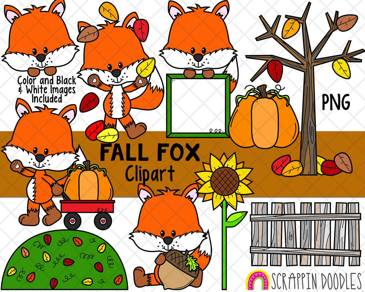 Fall Foxes ClipArt - Commercial Use Autumn Fox Graphics - Autumn Tree - Pumpkin - Fence Clipart - Sunflower - Hand Drawn PNG