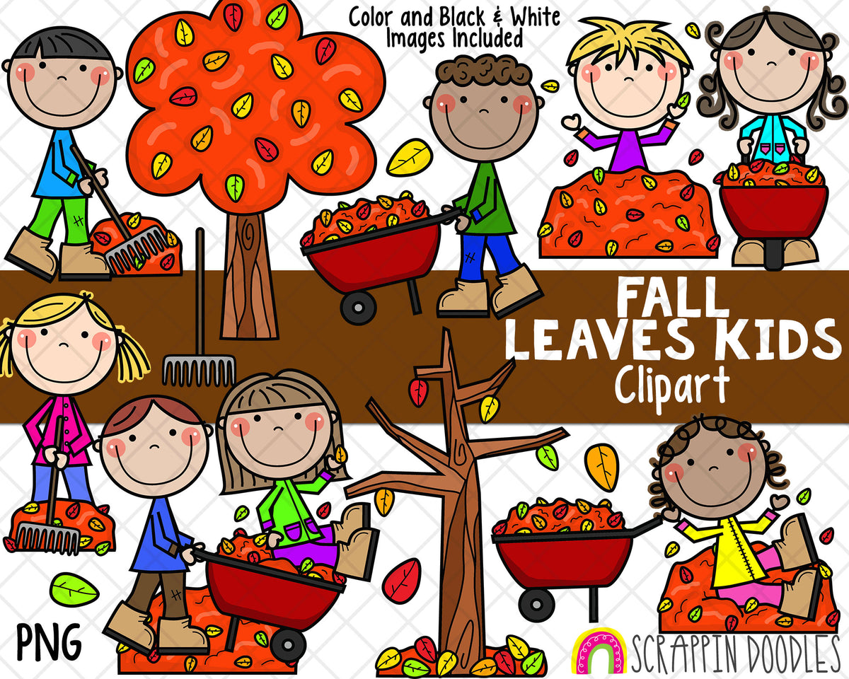 Fall Leaves Kids ClipArt - Commercial Use Autumn Graphics - Autumn Tree - Raking Leaves - Leaf Pile