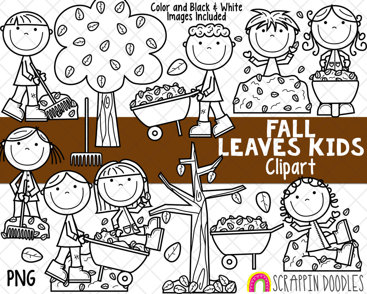 Fall Leaves Kids ClipArt - Commercial Use Autumn Graphics - Autumn Tree - Raking Leaves - Leaf Pile