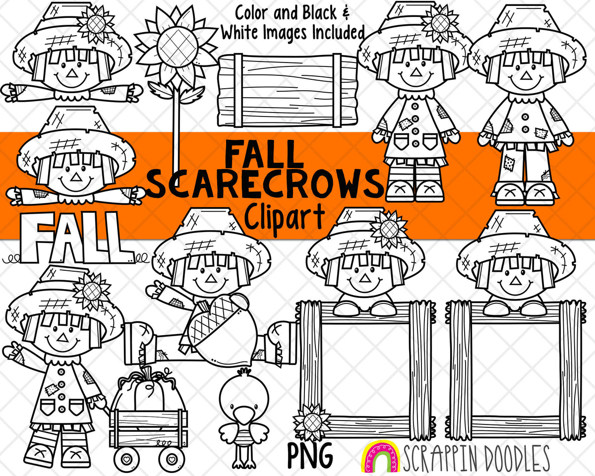 Fall Scarecrows ClipArt - Commercial Use Scarecrow Clipart - Sunflower - Autumn - Hay Bale - Farm Clipart