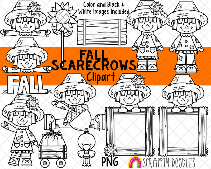 Fall Scarecrows ClipArt - Commercial Use Scarecrow Clipart - Sunflower - Autumn - Hay Bale - Farm Clipart