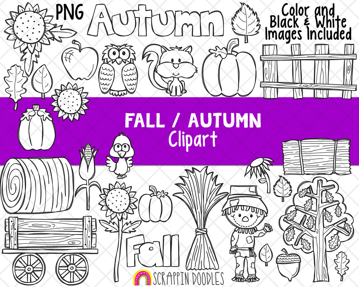 Fall Autumn Clipart - Fall Farm Clipart - Scarecrow - Sunflower Clipart - Owl, Squirrel - Fence Clipart - Hand Drawn PNG