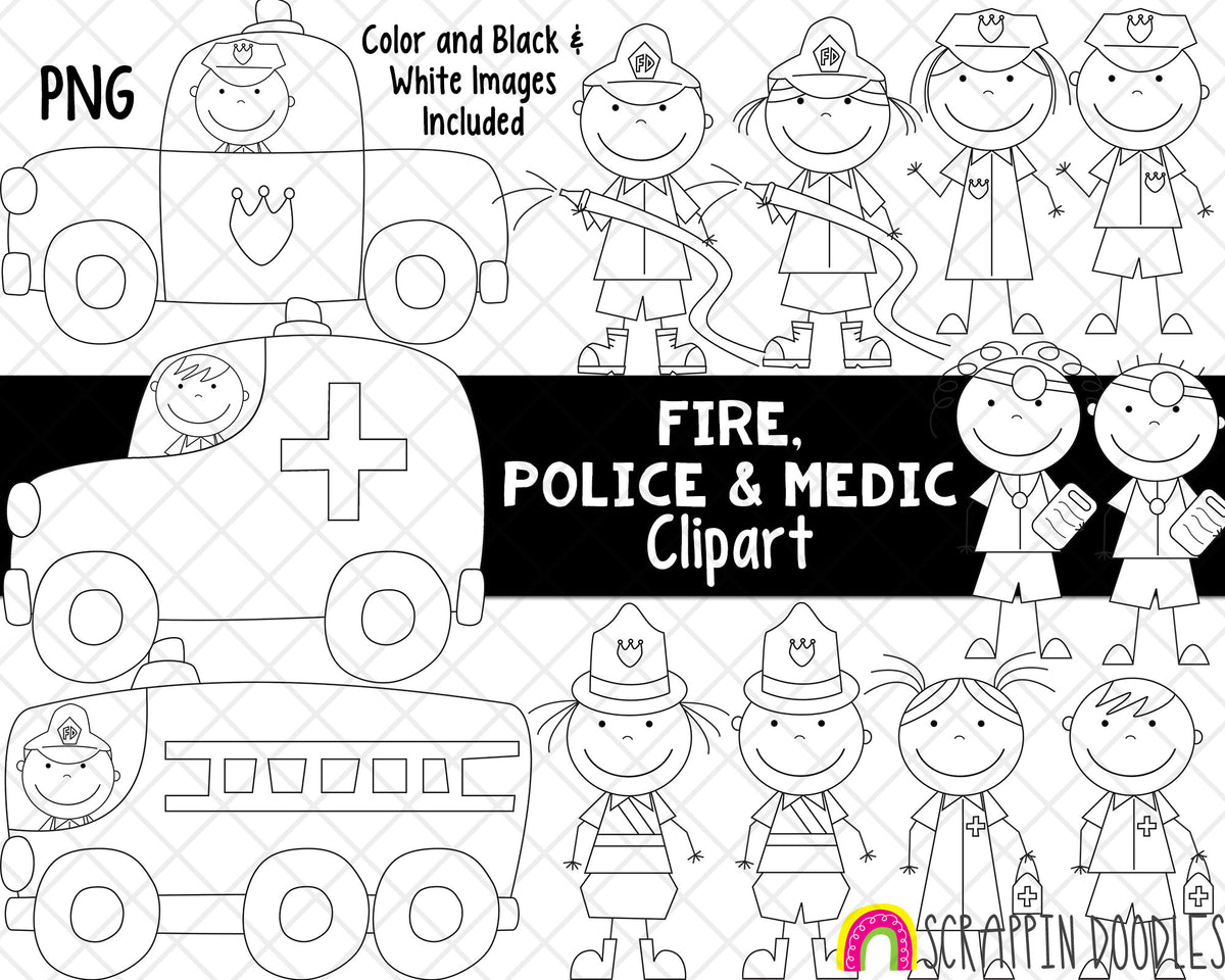 Fire Police and Medic ClipArt - Fire Fighter Clipart - RCMP Clipart - Police Clipart - Medic Clipart - First Responder - Hand Drawn PNG