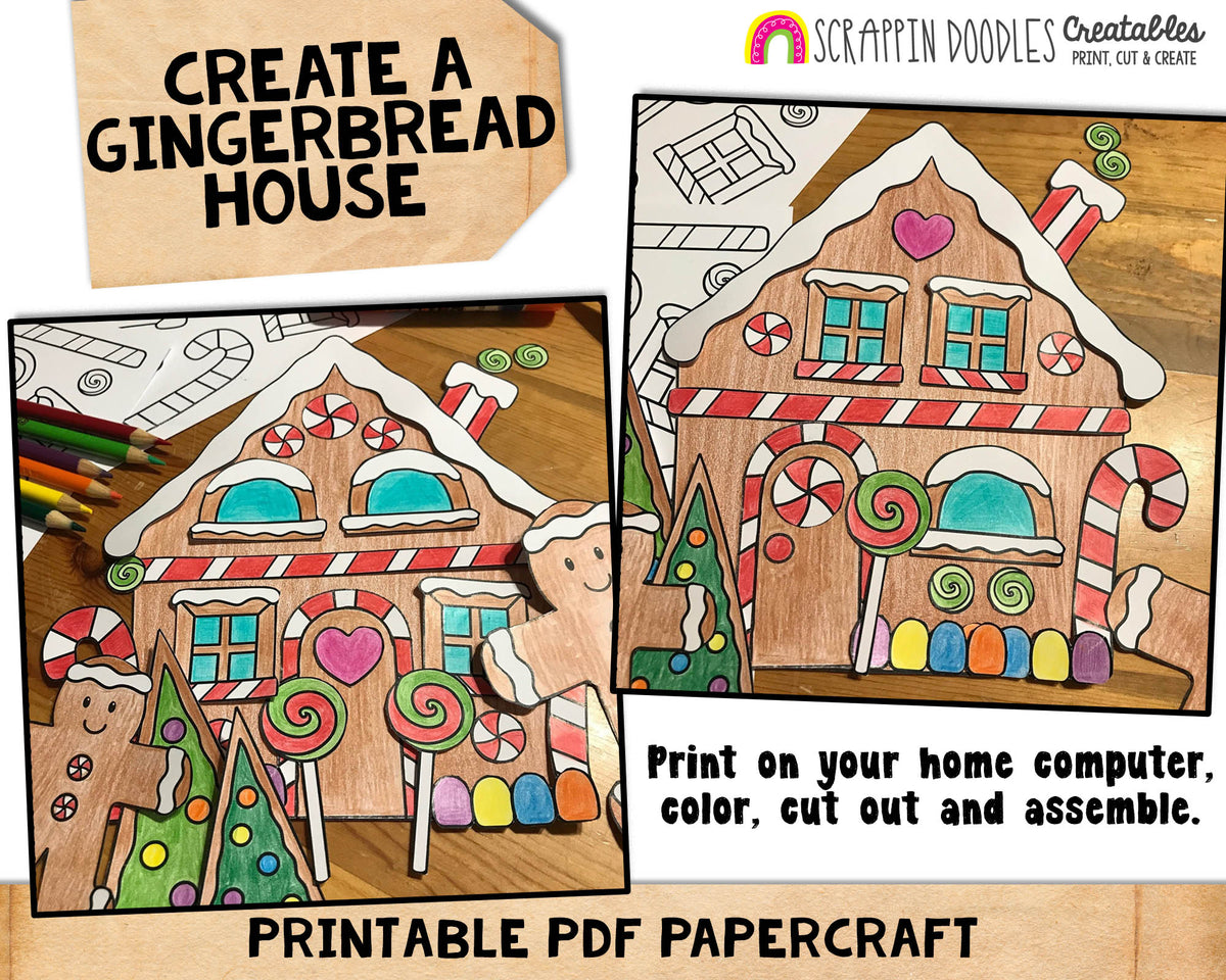 Gingerbread House Craft - Kids Ginger Bread Christmas Coloring Printable PDF