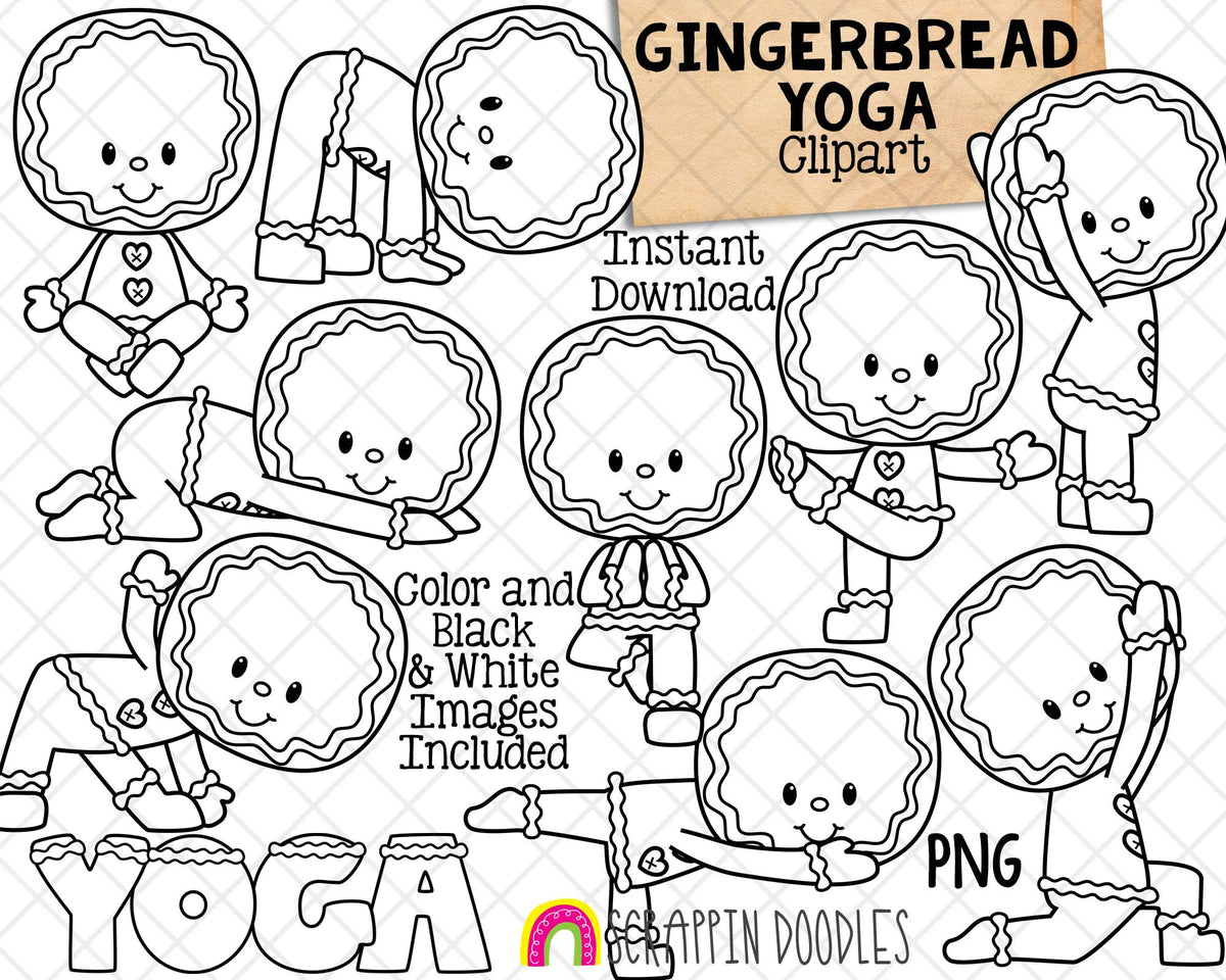 Gingerbread Yoga Clip Art - Christmas Cookie Stretching Clipart - Yoga Poses - Commercial Use PNG Sublimation