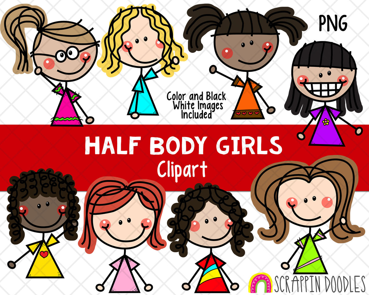 Half Body Clipart - Doodle Girls Clipart - Upper Body Girl Clipart - Hand Drawn PNG