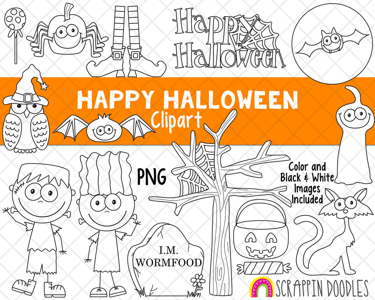 Happy Halloween Clip Art - Halloween Graphics - Spooky Tree Clipart - Ghost - Full Moon - Frankenstein - Graveyard - Witch Feet Clipart