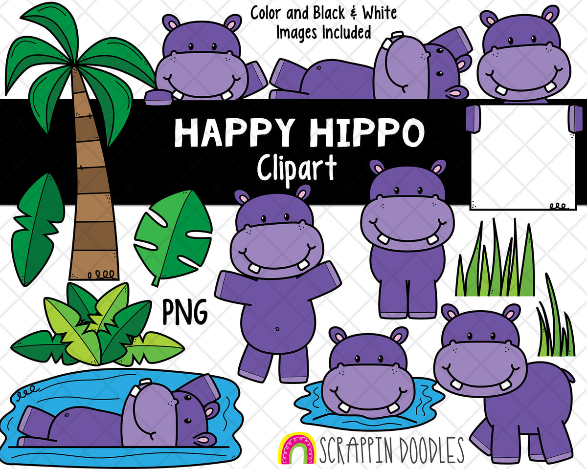 Hippopotamus ClipArt - Cute Hippo Clipart - Hippopotamus Habitat - Hippopotamus Swimming Graphics - Hand Drawn PNG - Sublimation Graphics