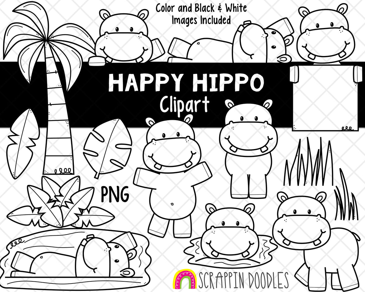 Hippopotamus ClipArt - Cute Hippo Clipart - Hippopotamus Habitat - Hippopotamus Swimming Graphics - Hand Drawn PNG - Sublimation Graphics