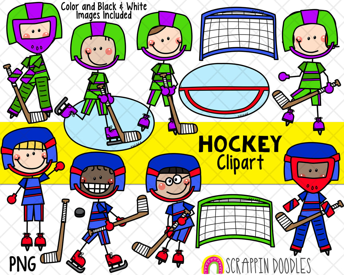 Hockey Clipart - Boys Playing Hockey Clipart - Goalie - Hockey Boys - Hockey Net 