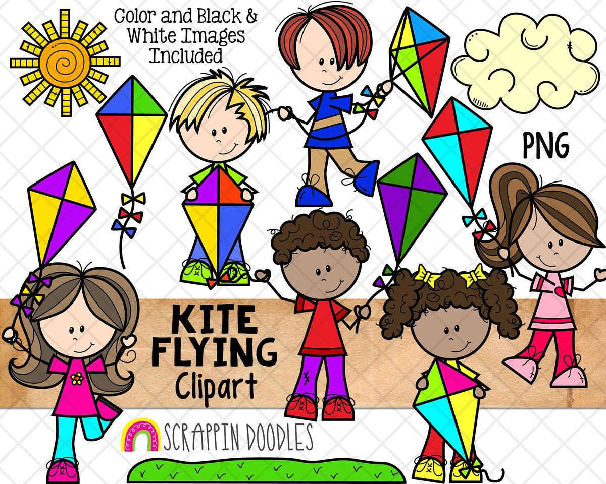 Kite Flying ClipArt - Kids Flying Kites Clip Art - Cloud - Sun - Summer - Commercial Use PNG Clip Art