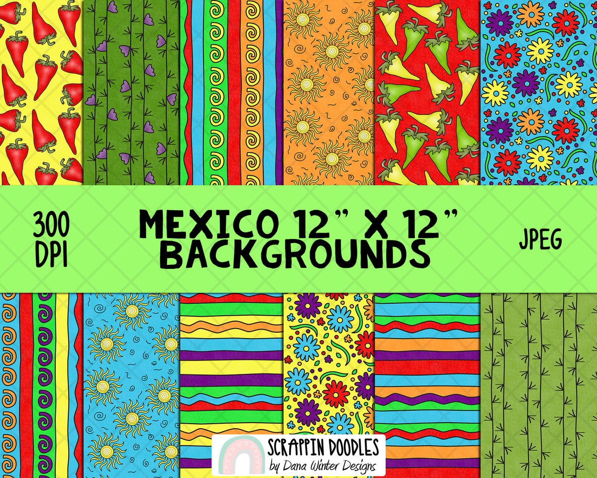 Mexico Patterns - Cinco de Mayo - Sugar Skull ClipArt - Calavera - Cactus - Sombrero - Castanets - Mexican Pottery - Pinata - Maracas 