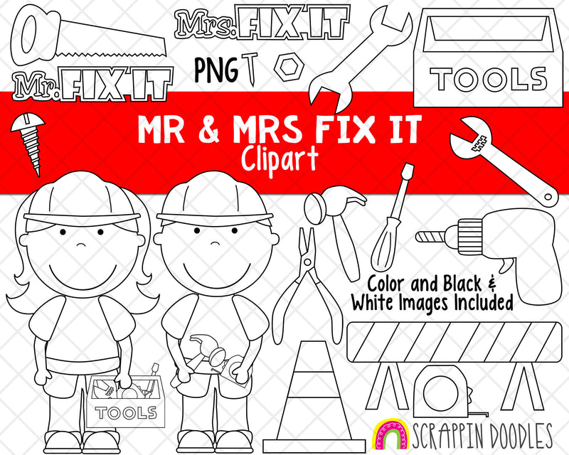 Construction ClipArt - Mr and Mrs Fix It Clipart - Tools Clipart - Construction Worker Clipart - Instant Download - Hand Drawn PNG