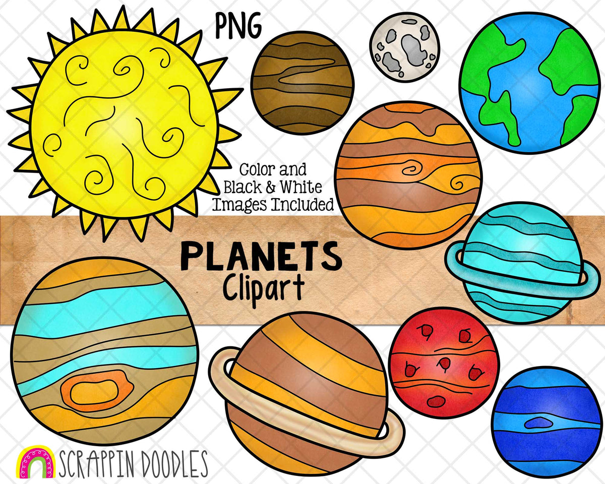 Planets Clipart - Saturn - Uranus - Neptune - Mars - Jupiter - Mercury - Earth - Venus - Sun - Sublimation - Hand Drawn PNG