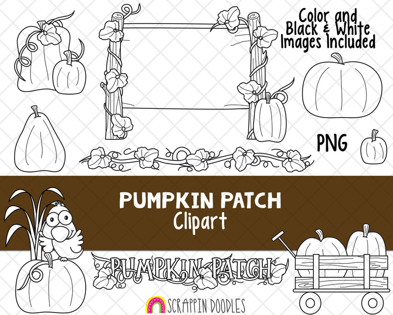 Pumpkin Patch Clipart - Fall Autumn Clipart - Fall Farm Clipart - Pumpkin Vine - Wagon - Pumpkins Clipart- Hand Drawn