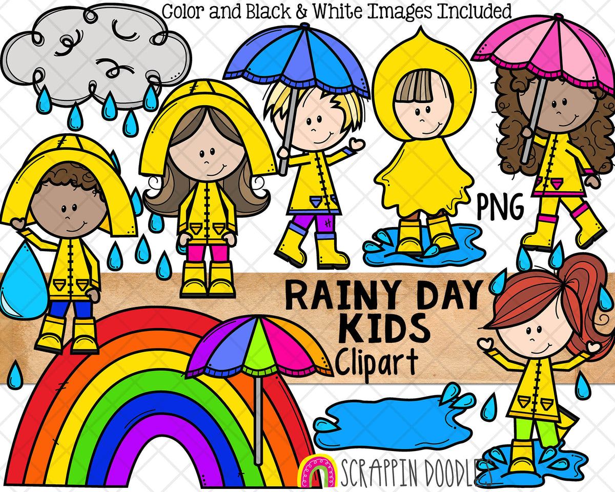 Rain ClipArt - Rainy Day Kids Clip Art - Puddle - Umbrella - Rain Drops - Weather Clouds - RainCoat - Commercial Use PNG