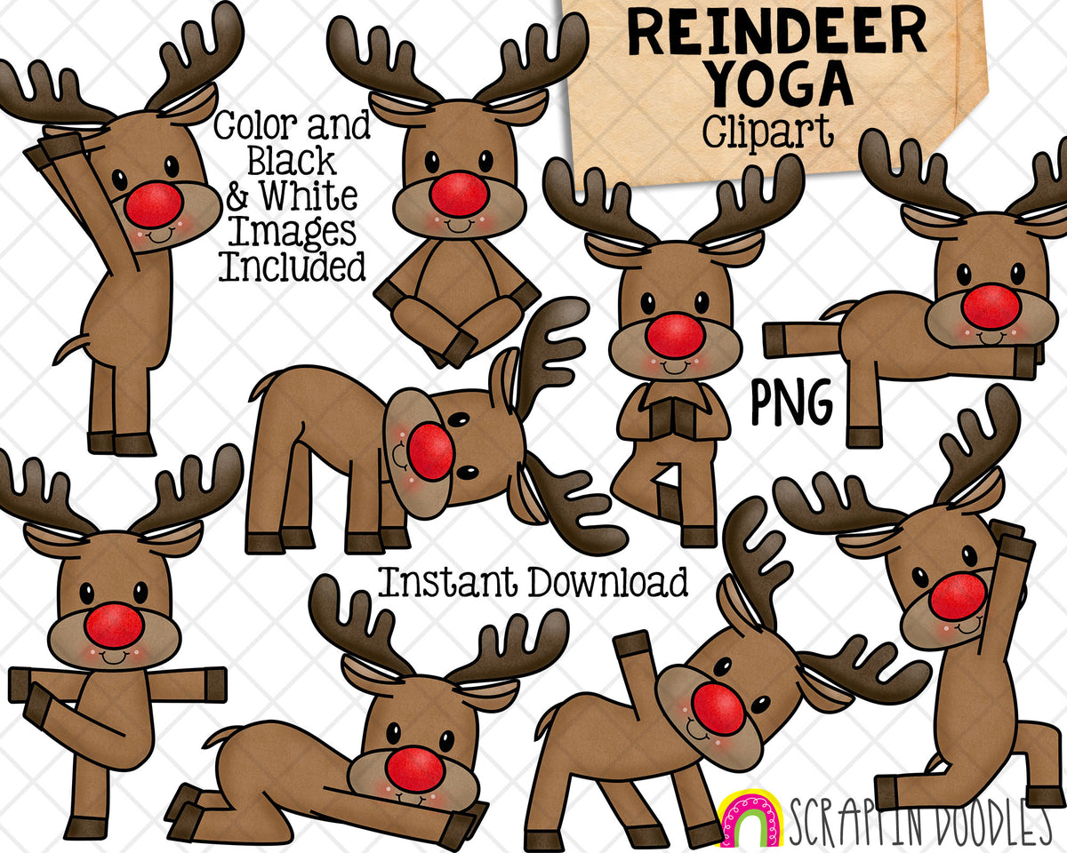 Reindeer Yoga Clip Art - Christmas Rudolph Stretching Clipart - Yoga Poses - Commercial Use PNG Sublimation