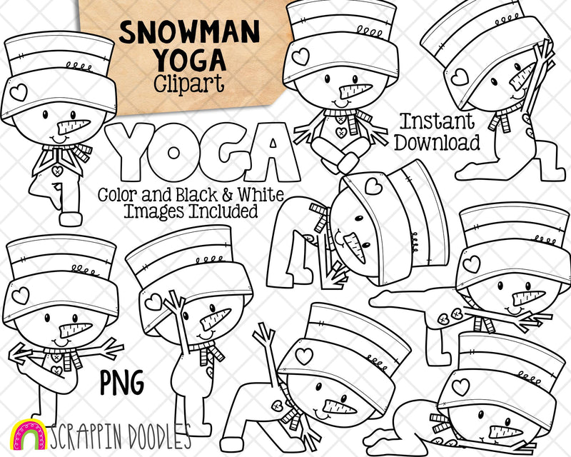 Snowman Yoga Clip Art - Winter Stretching Clipart - Yoga Pose Graphics - Commercial Use PNG Sublimation