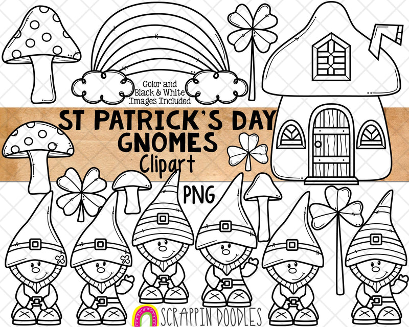 St. Patrick's Day ClipArt - St Patrick Gnome ClipArt - Garden Gnome - Mushroom House Graphics - Rainbow - PNG Sublimation Graphics