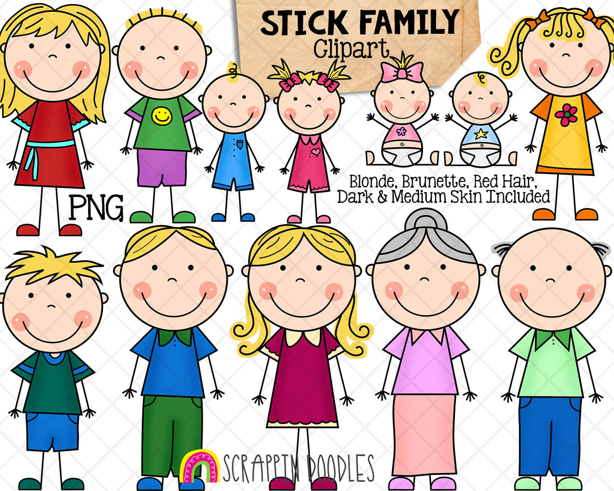 Stick Family Clip Art - Various Hair Colors - Stick Figures - Stick Family Graphics - Hand Drawn PNG