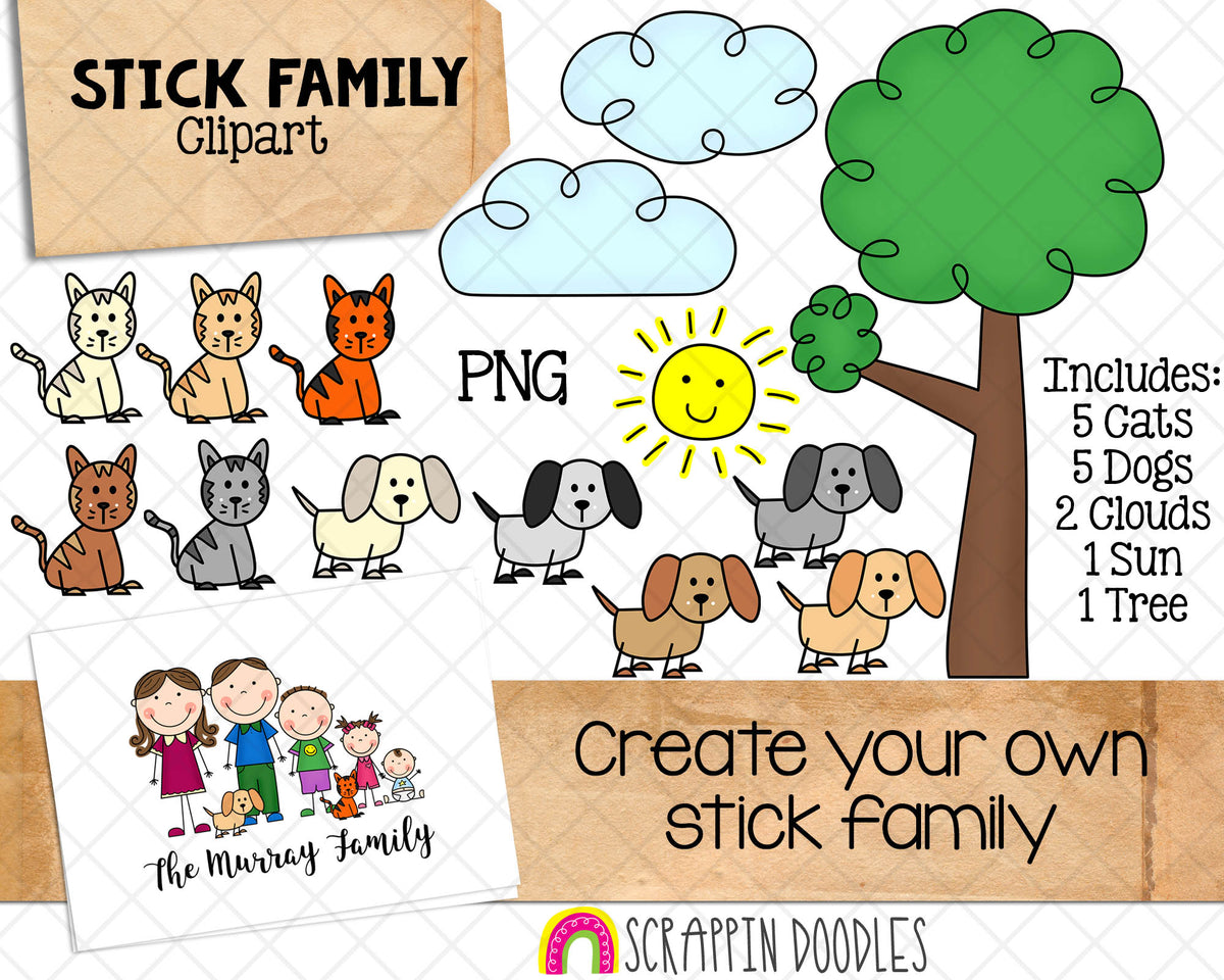 Stick Family Clip Art - Various Hair Colors - Stick Figures - Stick Family Graphics - Hand Drawn PNG