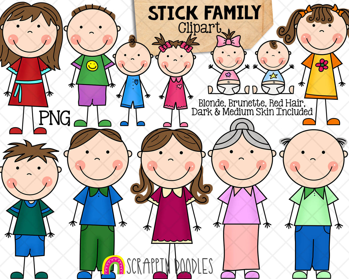 Stick Family Clip Art - Various Hair Colors - Stick Figures - Stick Family Graphics - Hand Drawn PNG