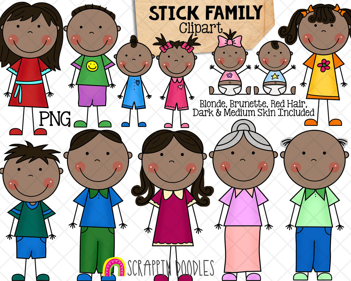 Stick Family Clip Art - Various Hair Colors - Stick Figures - Stick Family Graphics - Hand Drawn PNG