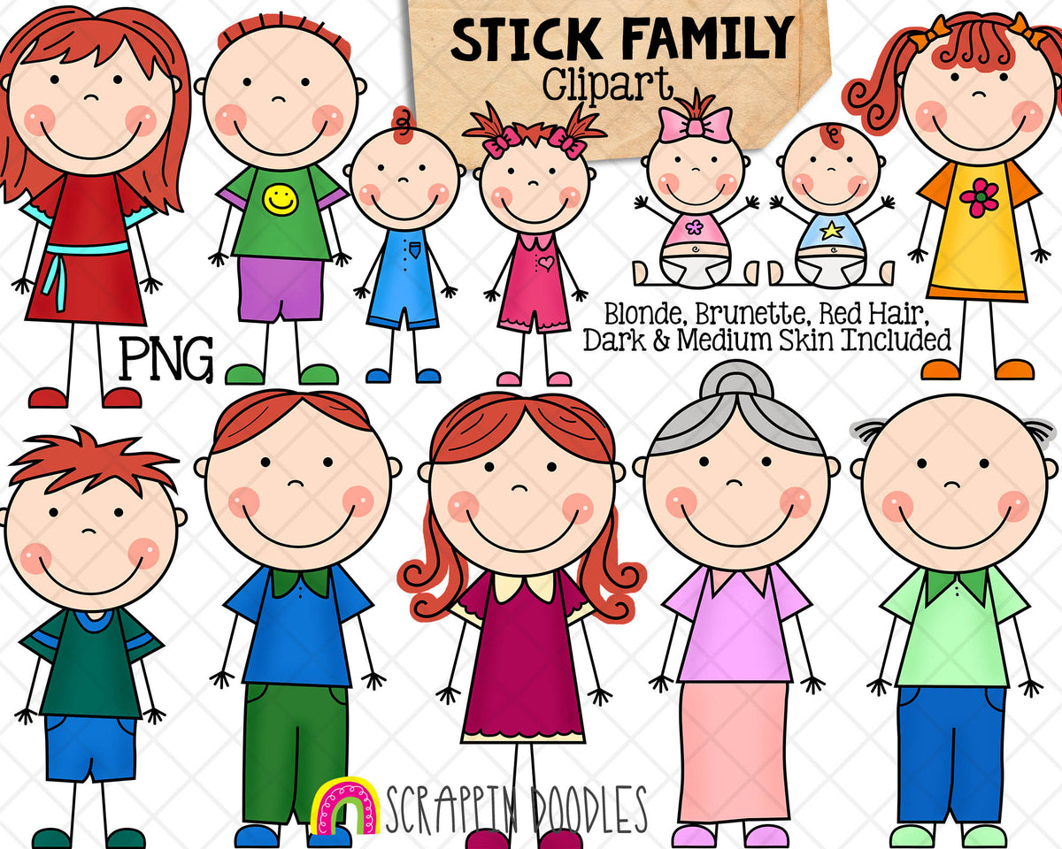 Stick Family Clip Art - Various Hair Colors - Stick Figures - Stick Family Graphics - Hand Drawn PNG