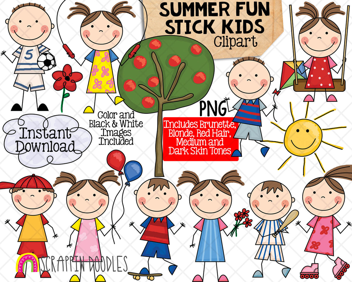 Stick Kids Summer Fun Clip Art - Various Hair Colors - Stick Figures - Stick Family Graphics - Hand Drawn PNG