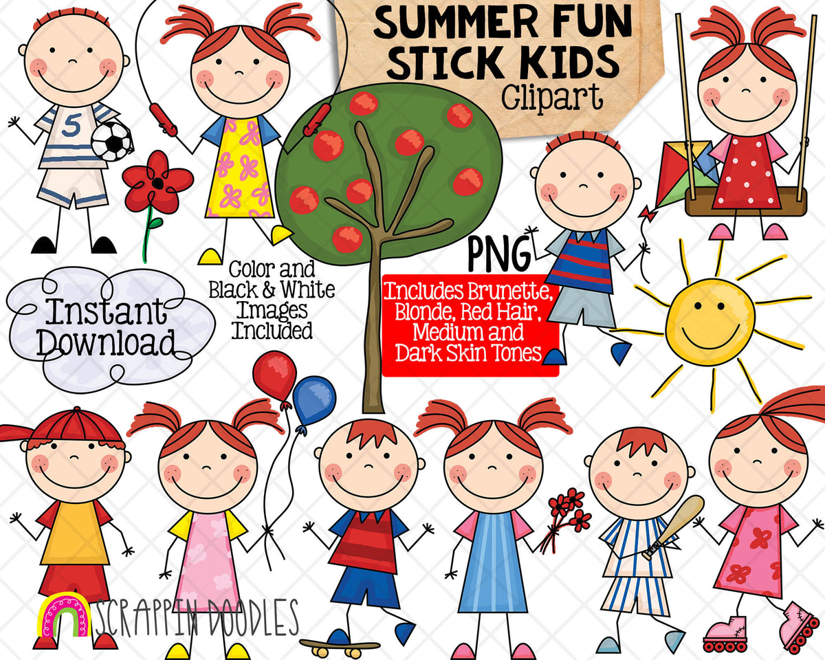 Stick Kids Summer Fun Clip Art - Various Hair Colors - Stick Figures - Stick Family Graphics - Hand Drawn PNG