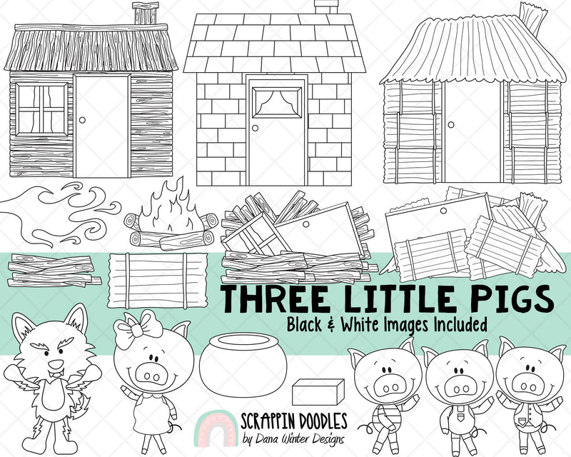 Three Little Pigs ClipArt - Nursery Rhyme - Fairy Tale Graphics - Big Bad Wolf - Children's Stories - Story time - 3 Little Pigs 