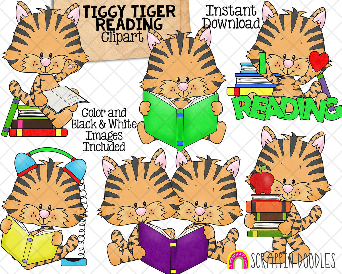 Tiger Reading ClipArt - Tiggy Tiger Cute Baby Jungle Animal - Commercial Use PNG