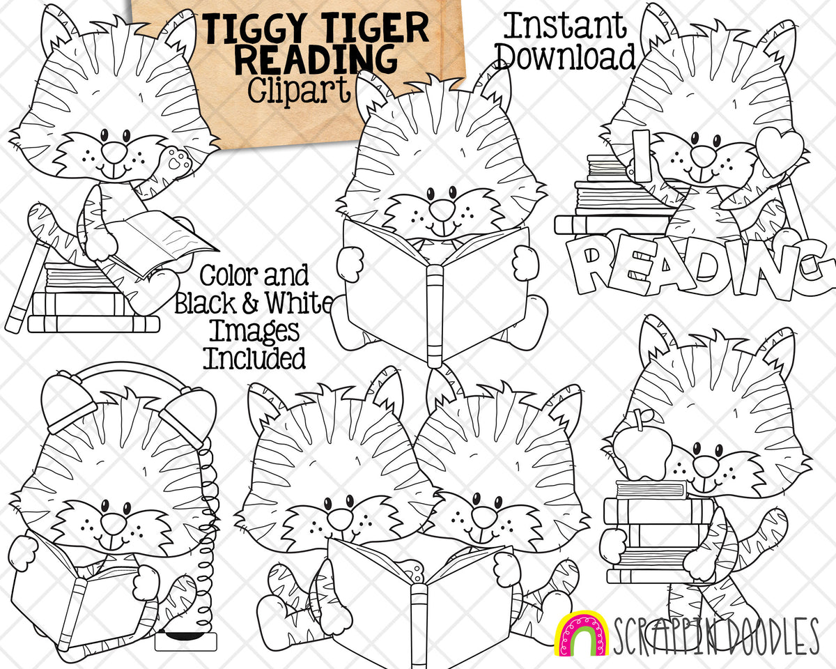 Tiger Reading ClipArt - Tiggy Tiger Cute Baby Jungle Animal - Commercial Use PNG