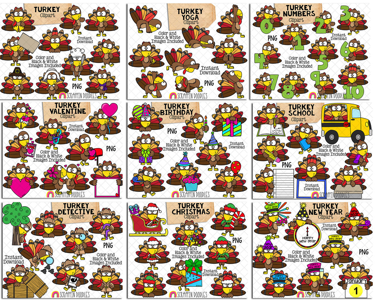 Turkey ClipArt Bundle - Thanksgiving Turkeys - Commercial Use PNG