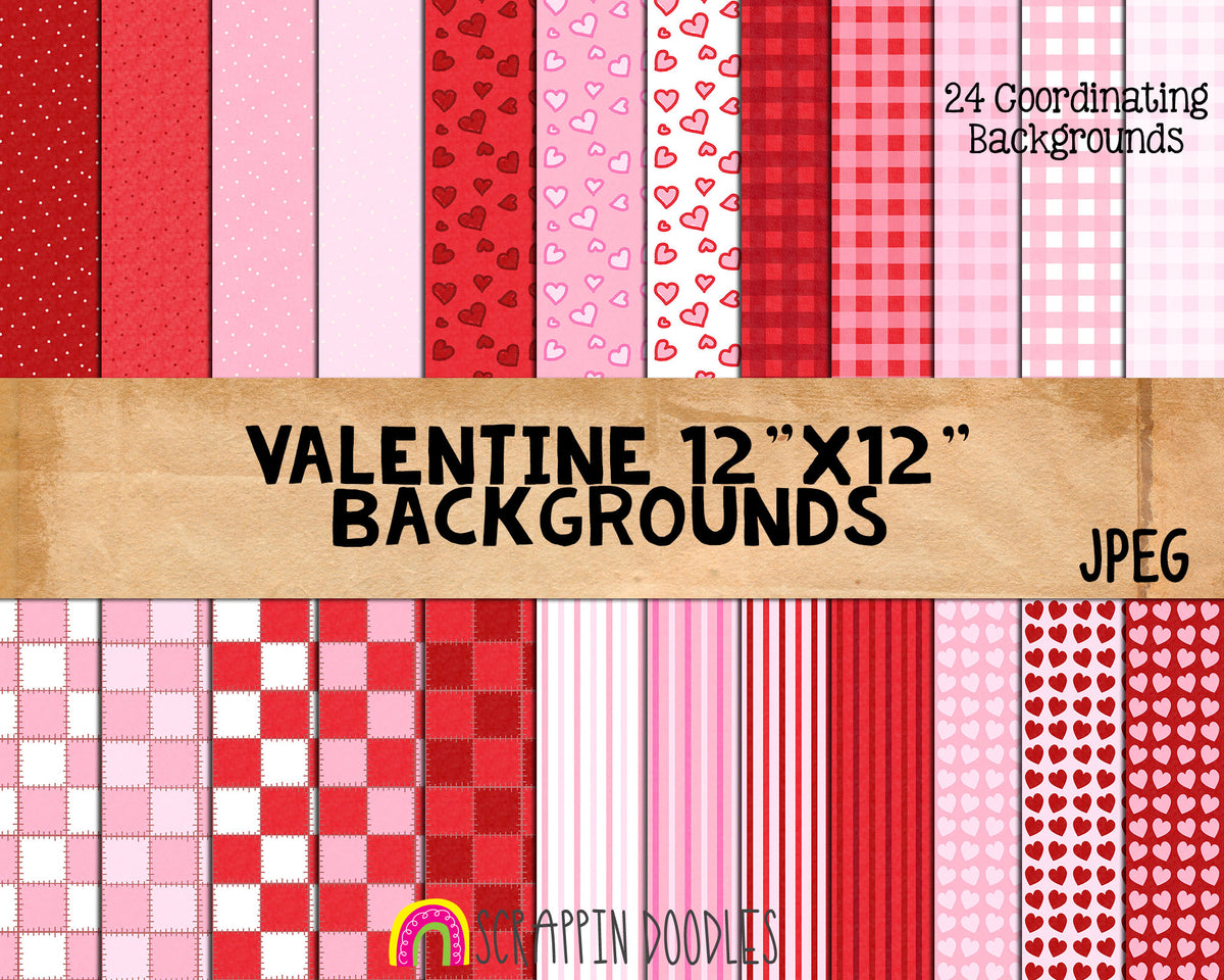 Valentines Day Backgrounds - 24 Commercial Use 12"x12" Valentine Digital Papers - Background Patterns Pink and Red Background Patterns