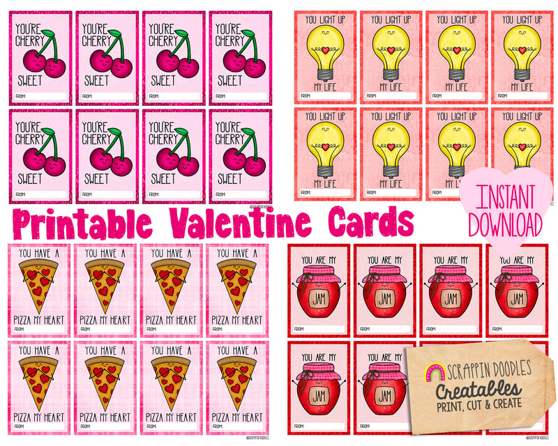 Printable Valentine Cards - Kids Valentines Day Food Puns Gift Cards - Classroom Valentine Paper Craft - PDF