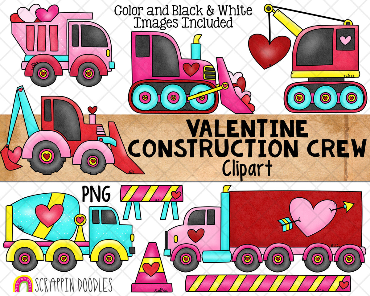 Valentine's Day Construction Crew Clip Art - Valentine Trucks - Heavy Equipment