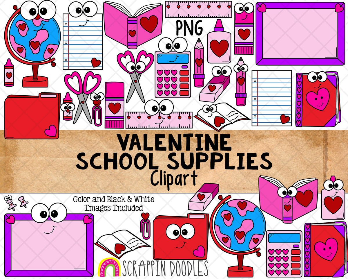 School Supplies ClipArt - Valentine's Day Clip Art - Commercial Use Valentine Clipart - Pink Pencil - Chalk Board - Globe - Sublimation PNG