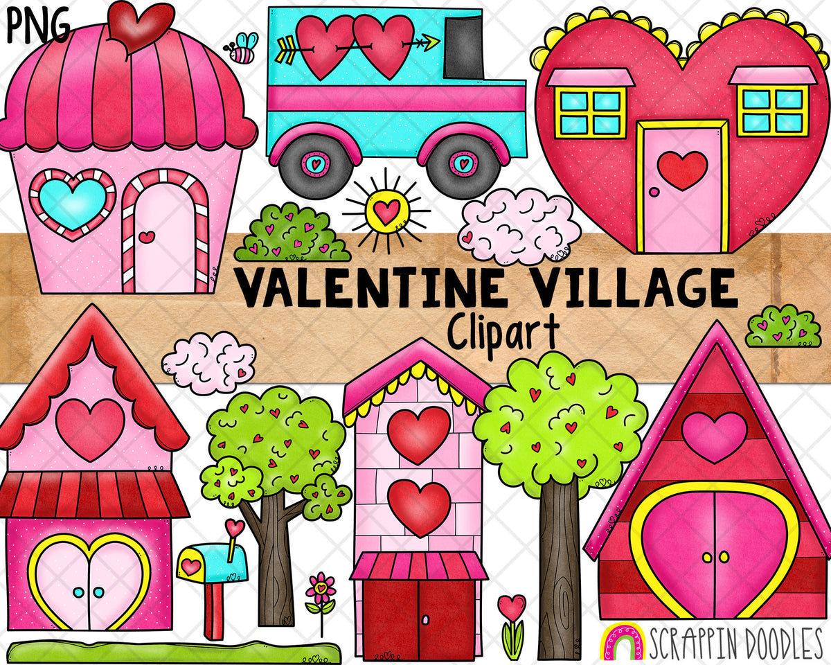 Valentine's Day Village Clip Art - Valentine Town Houses - Heart Trees - Cupcake House - Delivery Truck - Love Mailbox