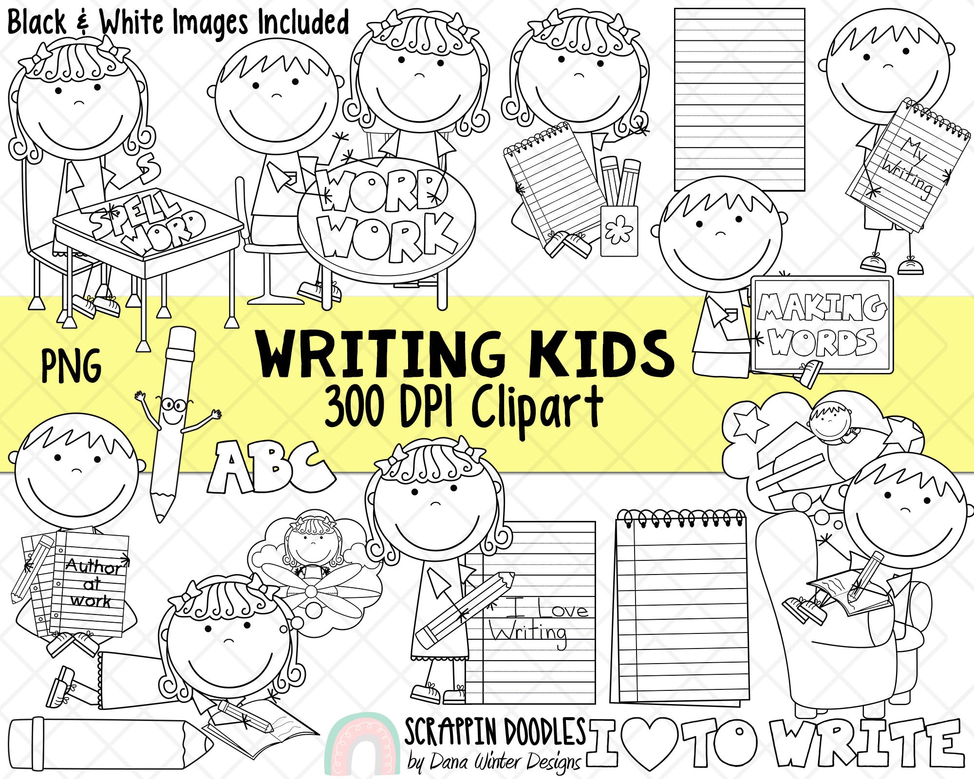 kid writing clipart black and white
